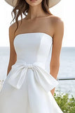 White Strapless High-Low Boho Dress with Bow