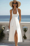 A Line White Halter Long Graduation Dress with Slit