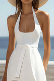 A Line White Halter Long Graduation Dress with Slit
