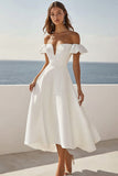 White Satin A Line Off the Shoulder Ruffled Long Formal Dress