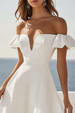 White Satin A Line Off the Shoulder Ruffled Long Formal Dress