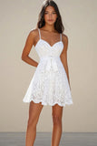 White Lace A Line Short Graduation Dress with Bow