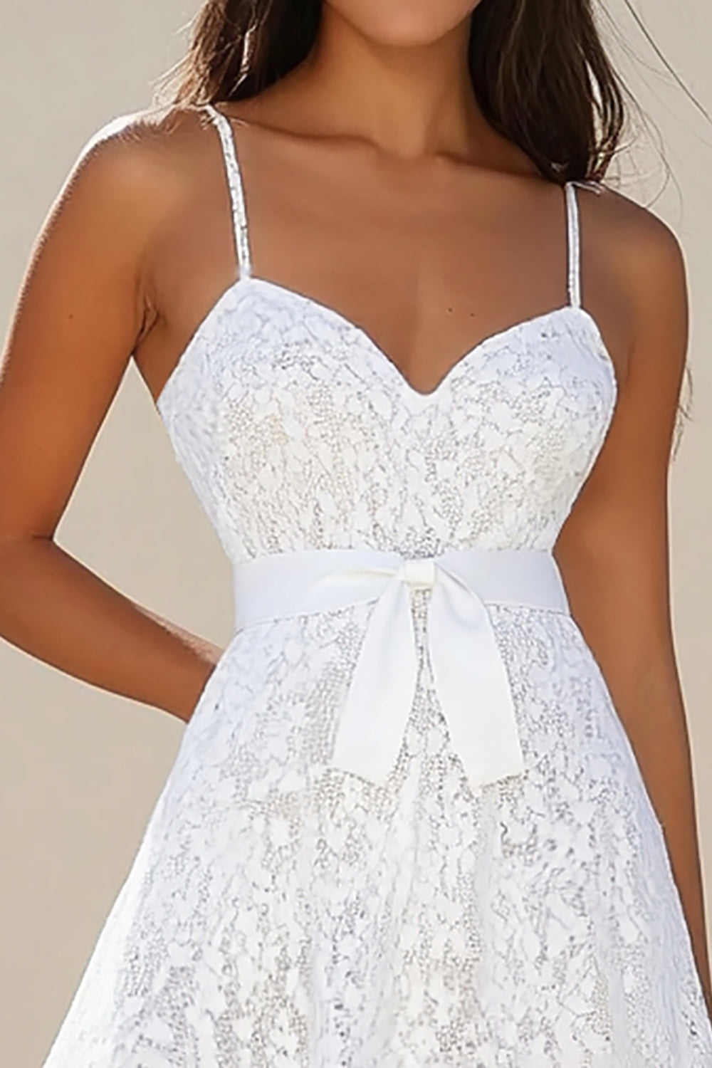 White Lace A Line Short Graduation Dress with Bow