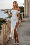 Satin White Mermaid Off the Shoulder Long Formal Dress with Slit