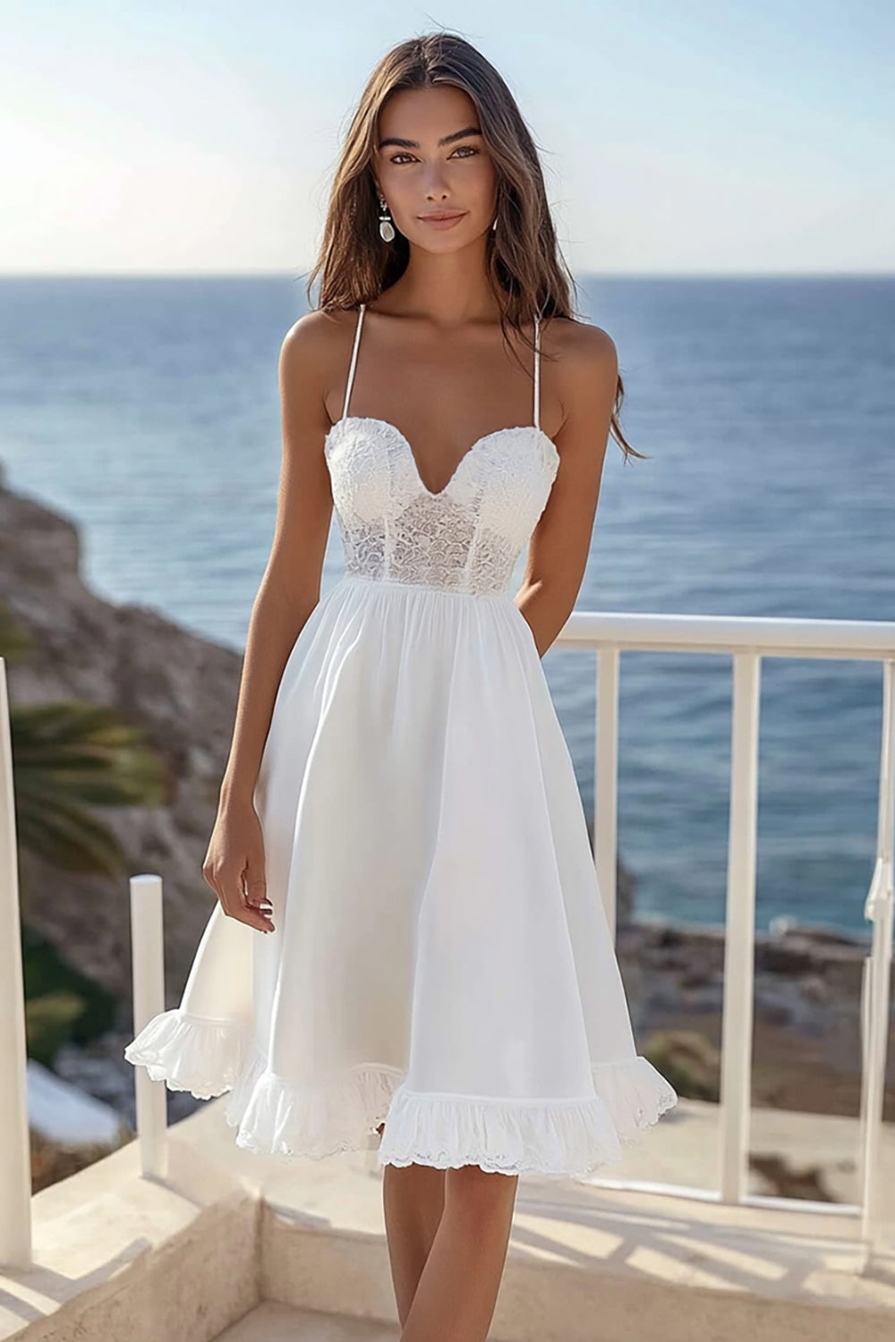 A Line White Lace Short Corset Graduation Dress with Ruffles