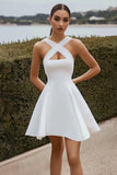 White Satin Crossed Straps A Line Short Graduation Dress