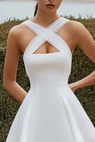 White Satin Crossed Straps A Line Short Graduation Dress