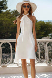 White Satin A Line Halter Short Graduation Dress
