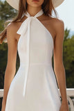 White Satin A Line Halter Short Graduation Dress
