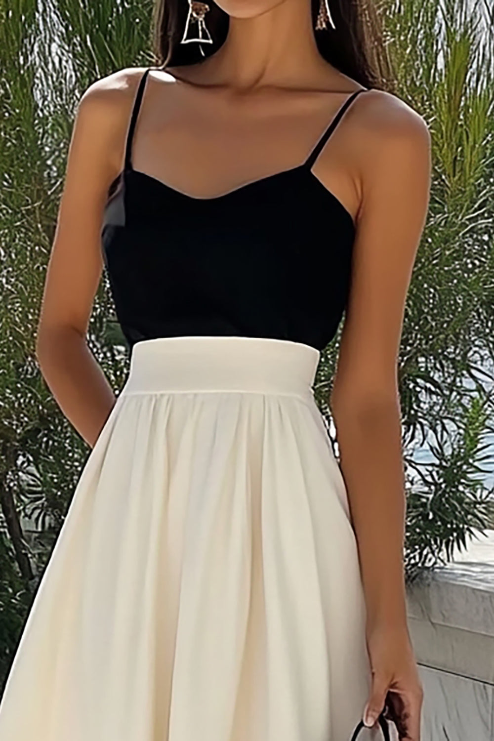 Black and Ivory Spaghetti Straps A Line Satin Long Summer Dress