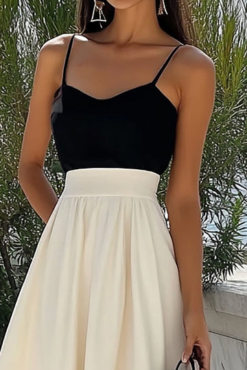 Black and Ivory Spaghetti Straps A Line Satin Long Summer Dress