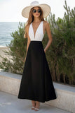 Black White A Line V Neck Satin Long Formal Dress