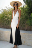 White and Black Satin V-Neck Spaghetti Straps Long Formal Dress