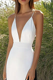 White and Black Satin V-Neck Spaghetti Straps Long Formal Dress