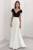 Black White Sheath V-Neck Satin Long Formal Dress with Sleeves