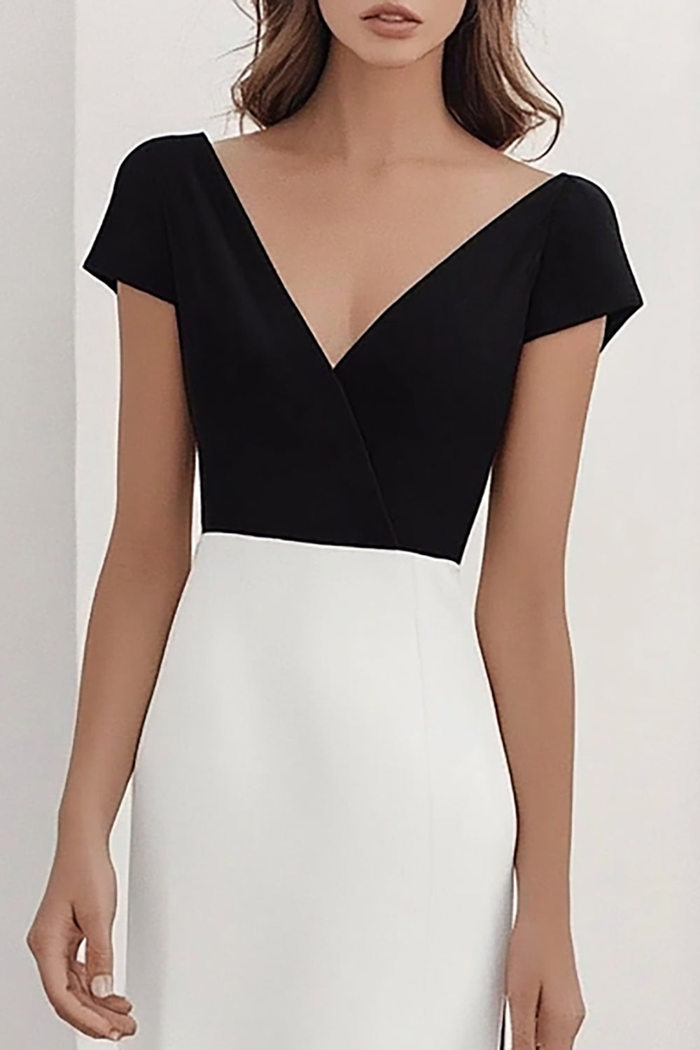 Black White Sheath V-Neck Satin Long Formal Dress with Sleeves
