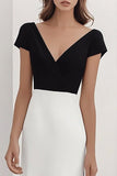 Black White Sheath V-Neck Satin Long Formal Dress with Sleeves