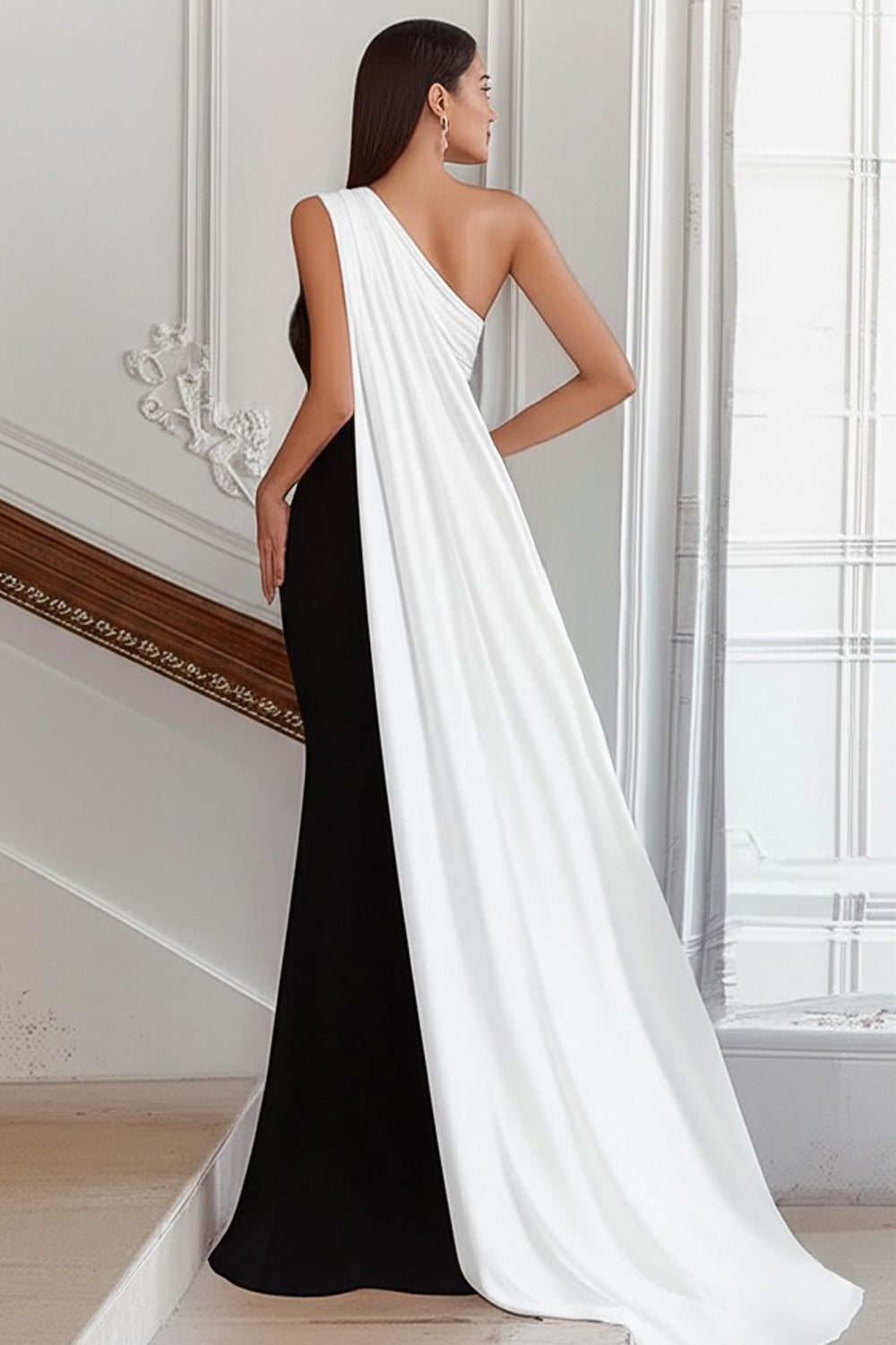 Black and White Sheath One Shoulder Long Formal Dress with Streamer