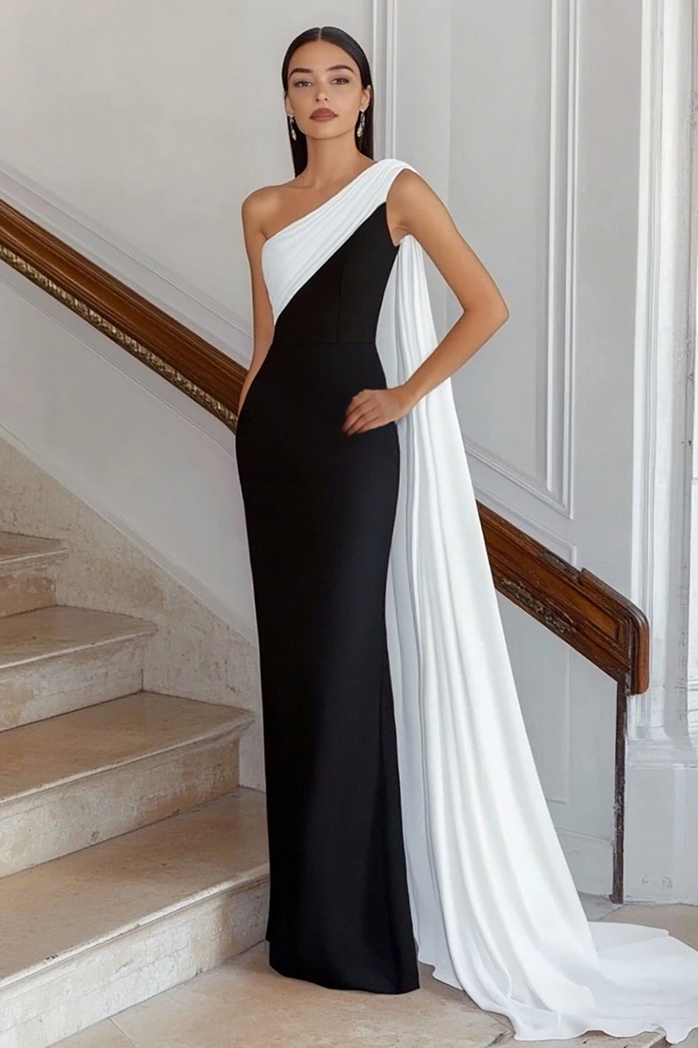 Black and White Sheath One Shoulder Long Formal Dress with Streamer