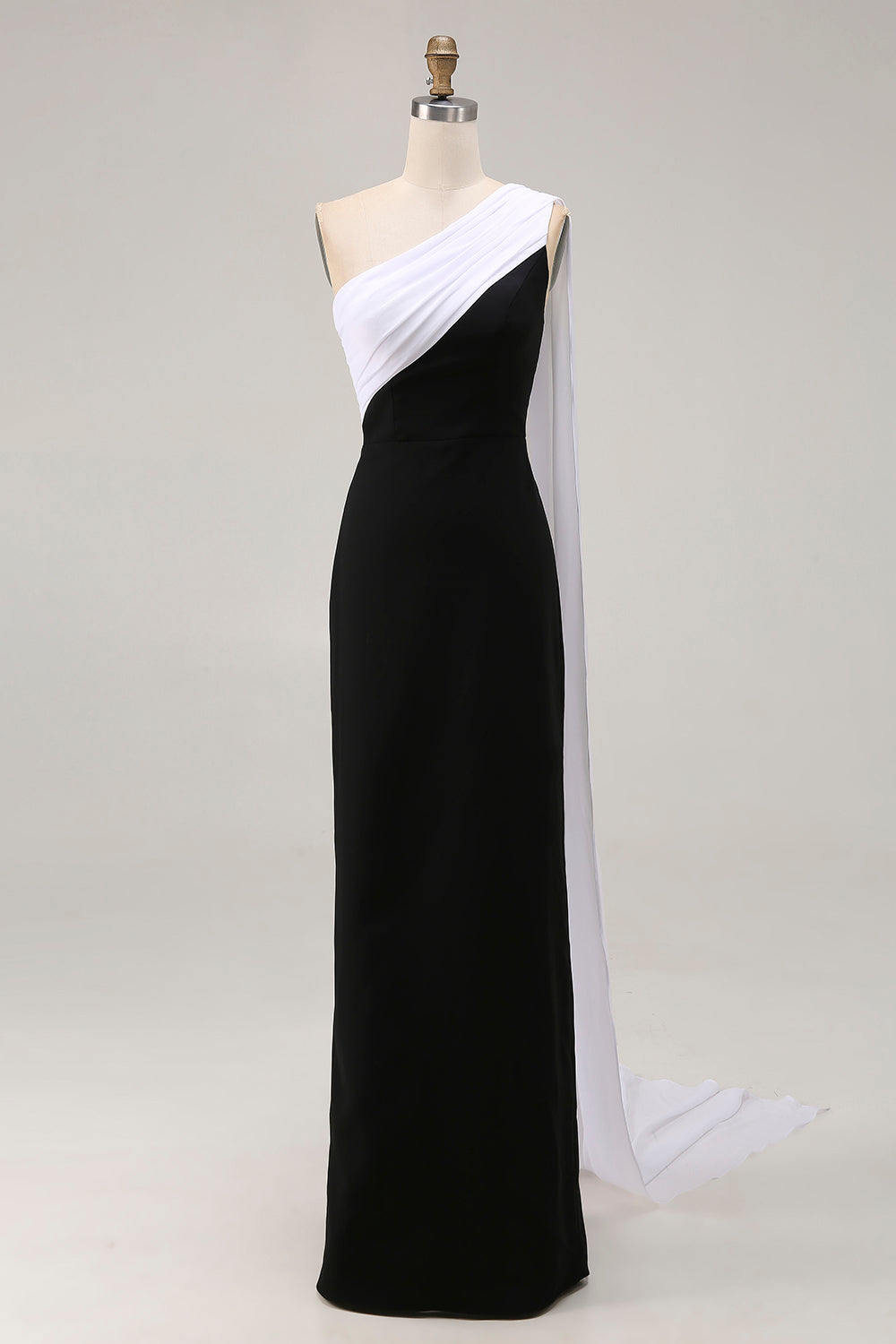 Black White Sheath Satin One Shoulder Long Formal Dress with Side Cape