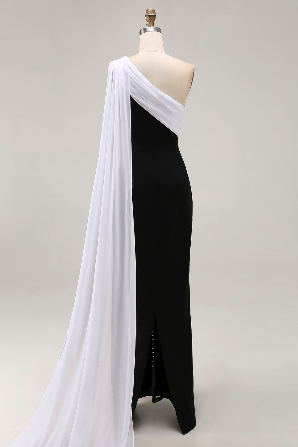 Black and White Sheath One Shoulder Long Formal Dress with Streamer