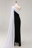 Black and White Sheath One Shoulder Long Formal Dress with Streamer