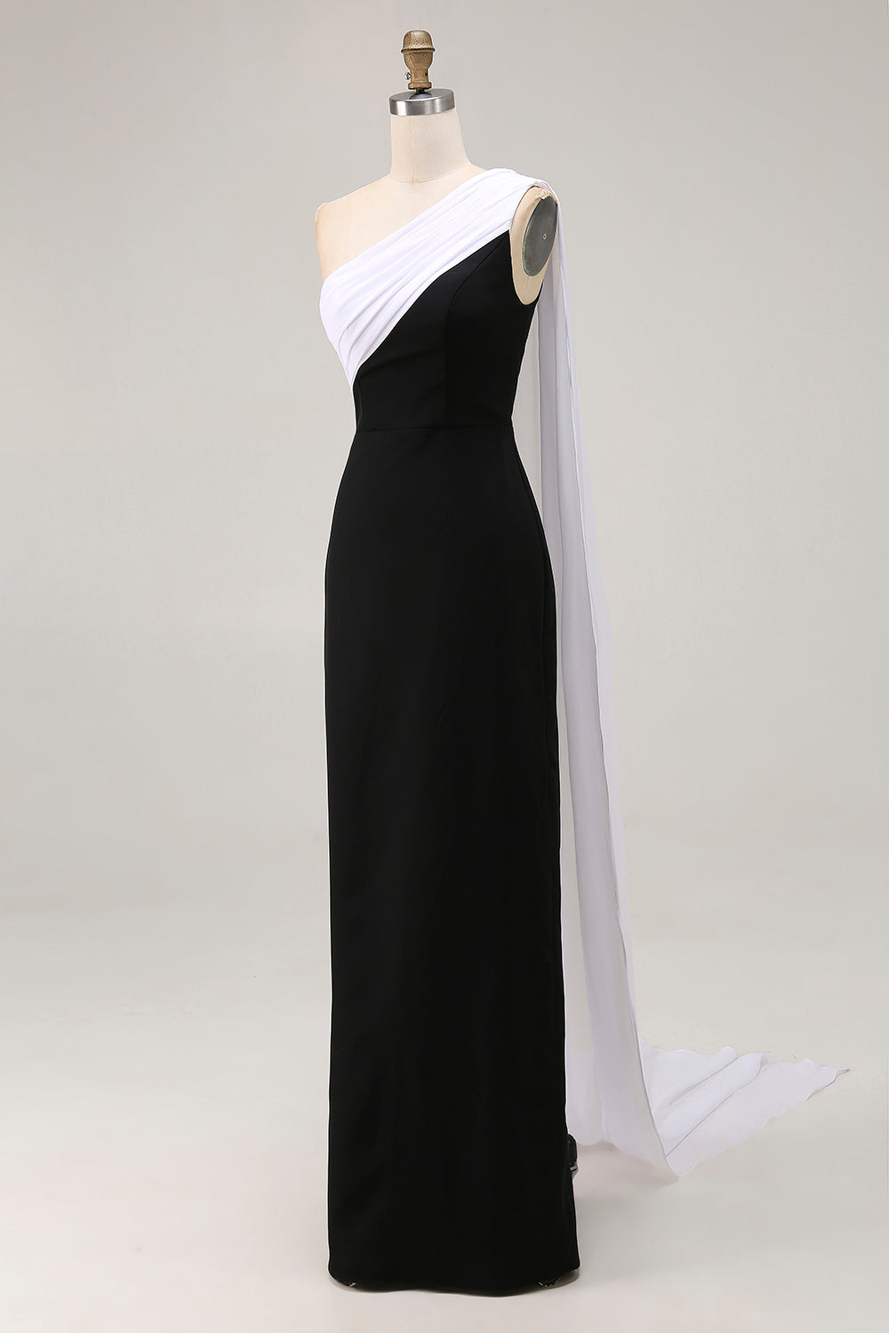 Black and White Sheath One Shoulder Long Formal Dress with Streamer