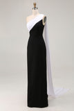 Black and White Sheath One Shoulder Long Formal Dress with Streamer