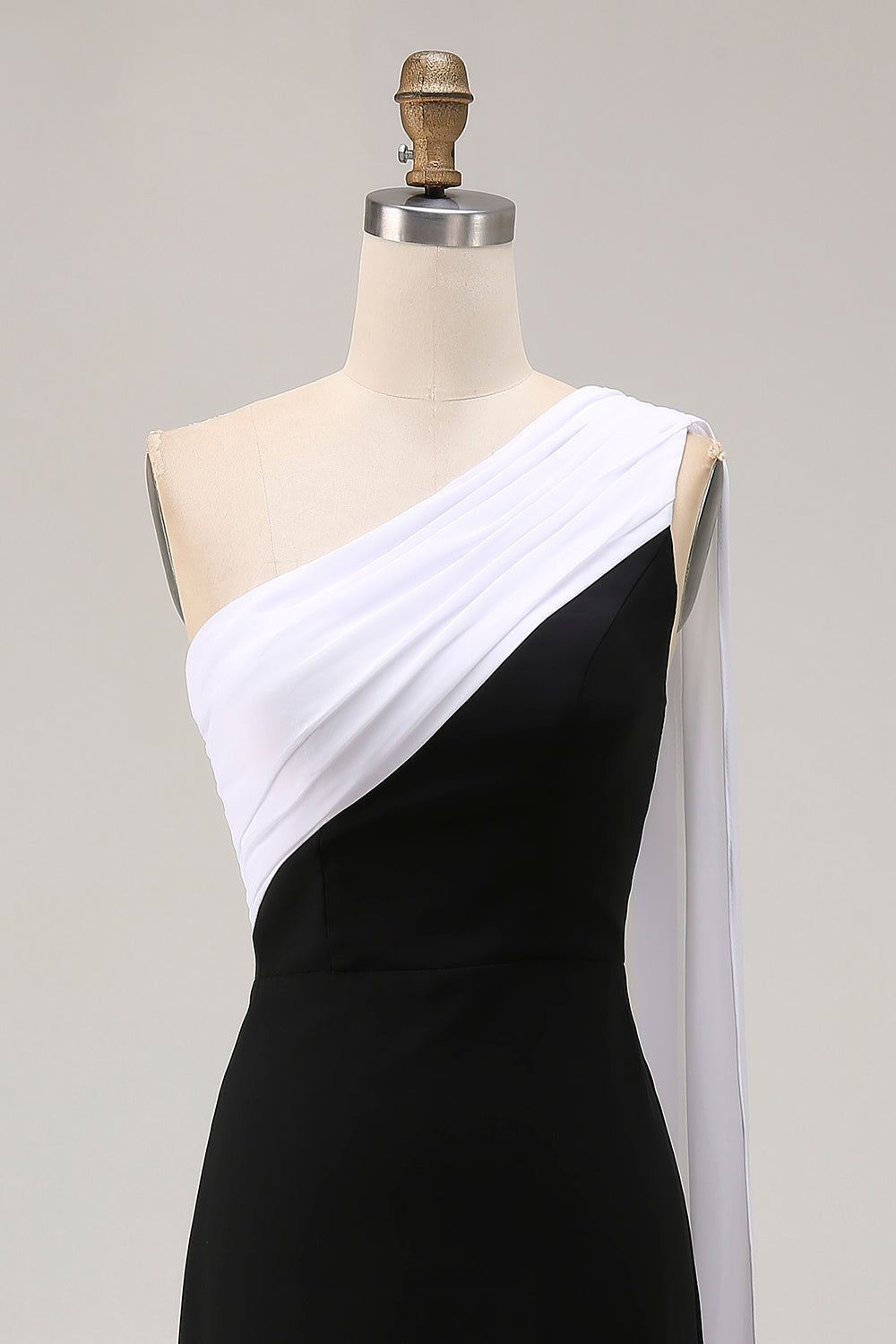 Black and White Sheath One Shoulder Long Formal Dress with Streamer