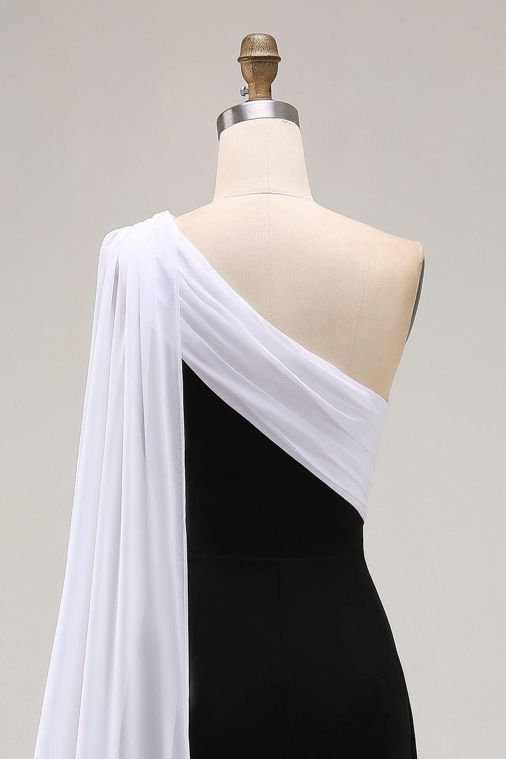 Black and White Sheath One Shoulder Long Formal Dress with Streamer