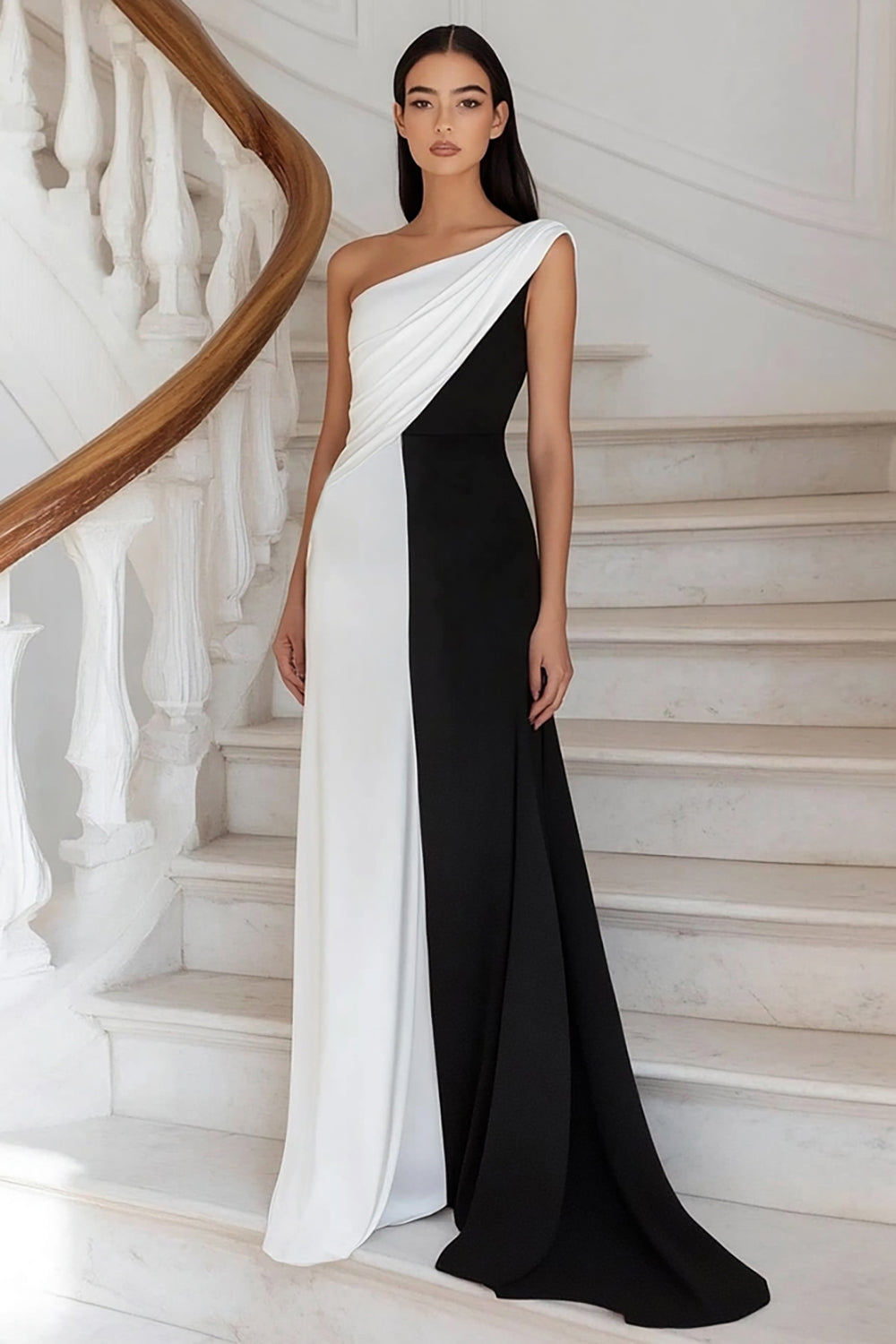Black White Sheath Ruched One Shoulder Long Formal Dress