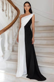 Black White Sheath Ruched One Shoulder Long Formal Dress