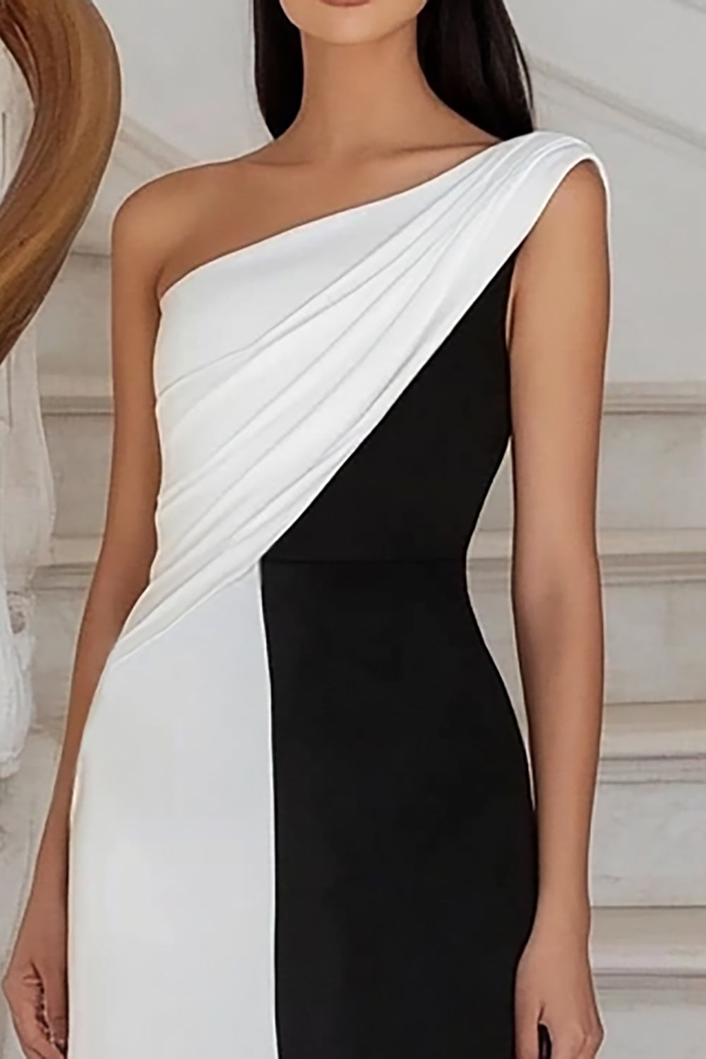 Black White Sheath Ruched One Shoulder Long Formal Dress