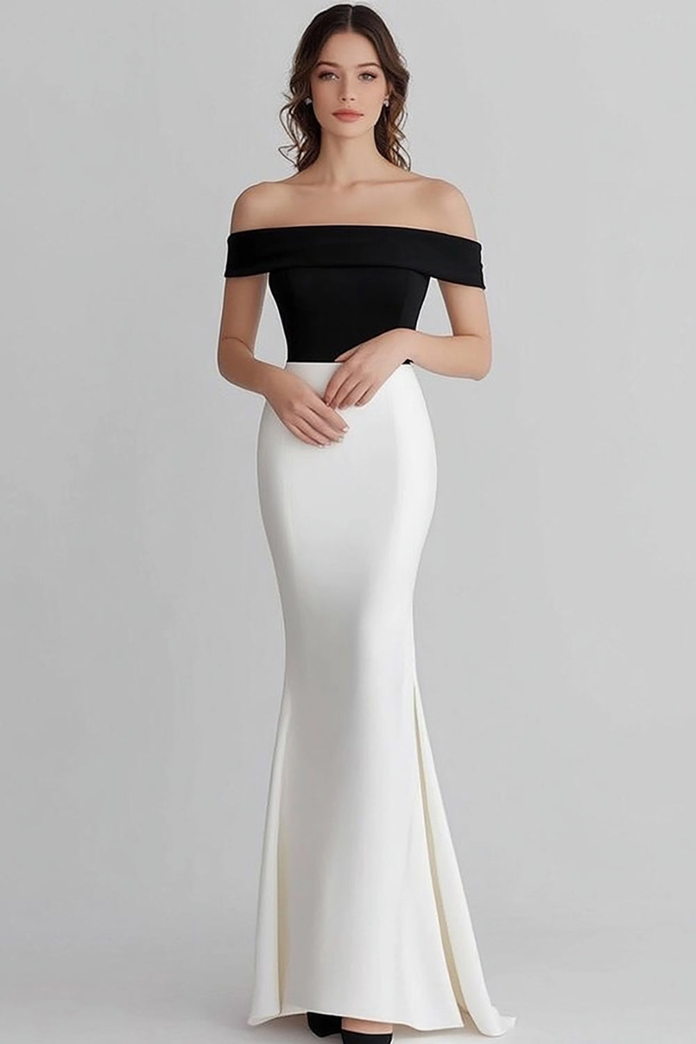 Black White Satin Mermaid Off the Shoulder Long Formal Dress
