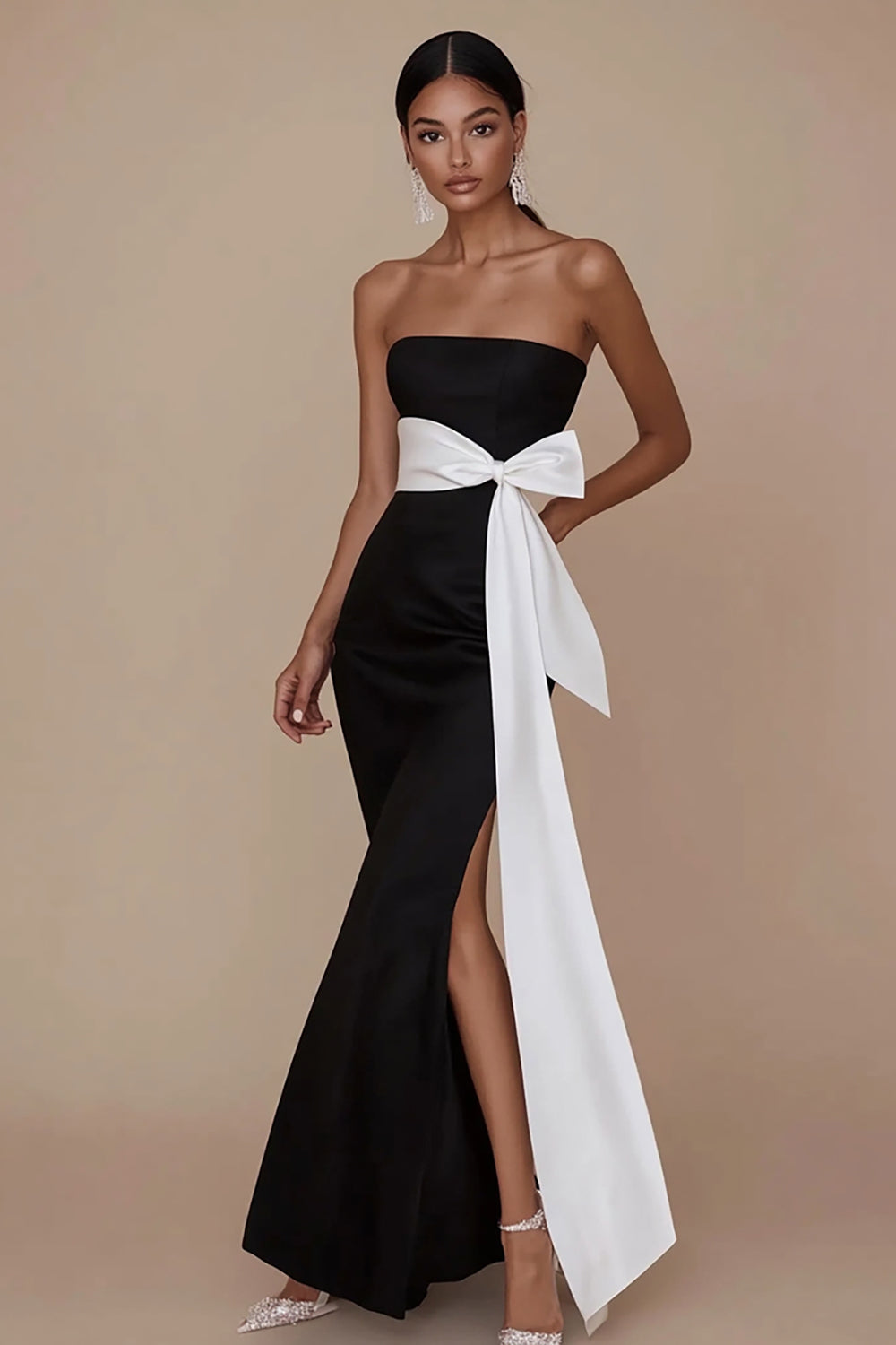 Black White Satin Strapless Mermaid Long Formal Dress with Slit