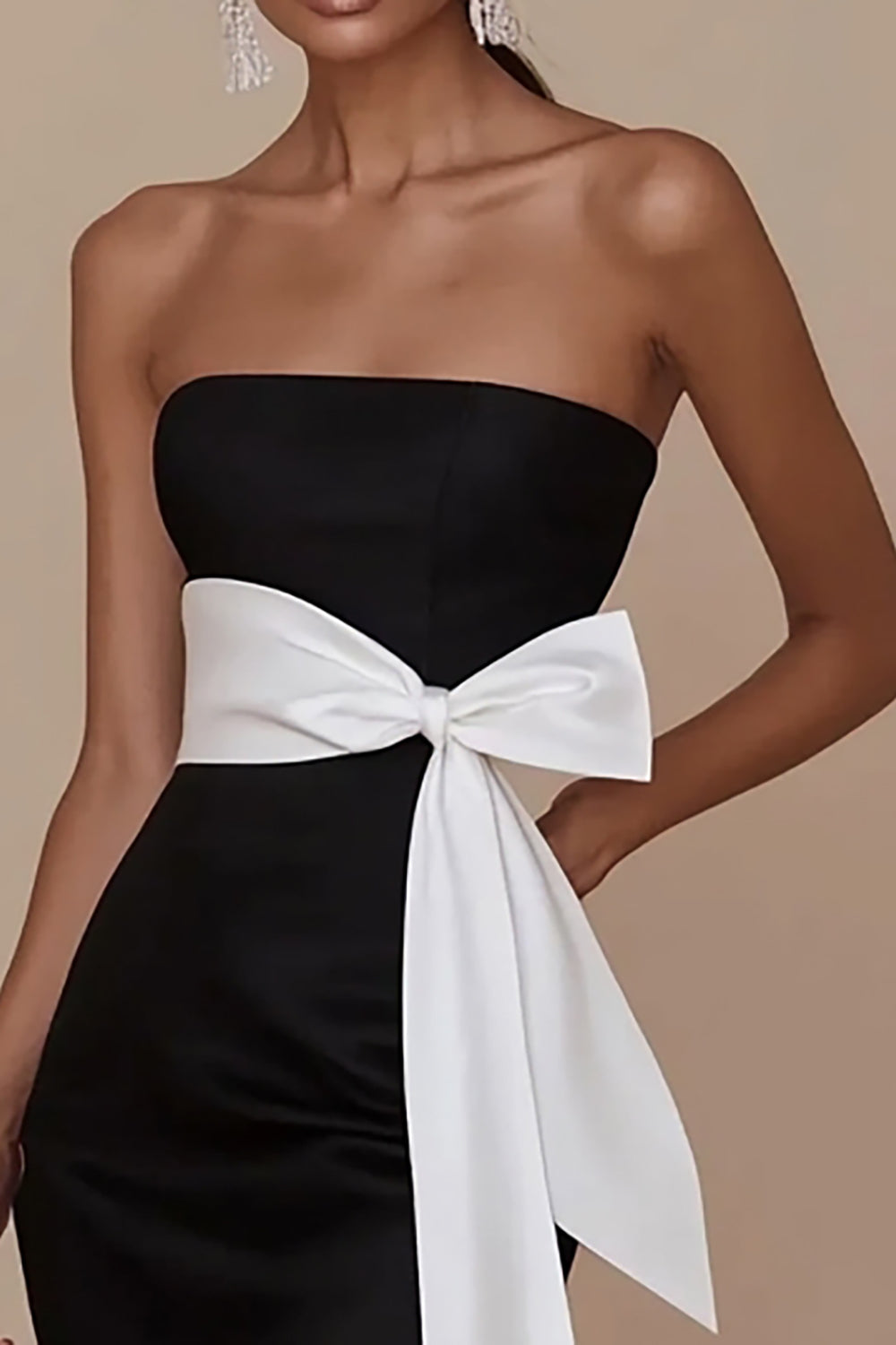 Black White Satin Strapless Mermaid Long Formal Dress with Slit