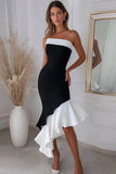 Black White Mermaid Ruffled Strapless Asymmetrical Formal Dress