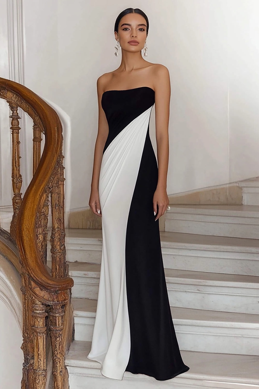 Black White Sheath Strapless Satin Long Formal Dress