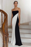 Black White Sheath Strapless Satin Long Formal Dress