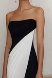 Black White Sheath Strapless Satin Long Formal Dress