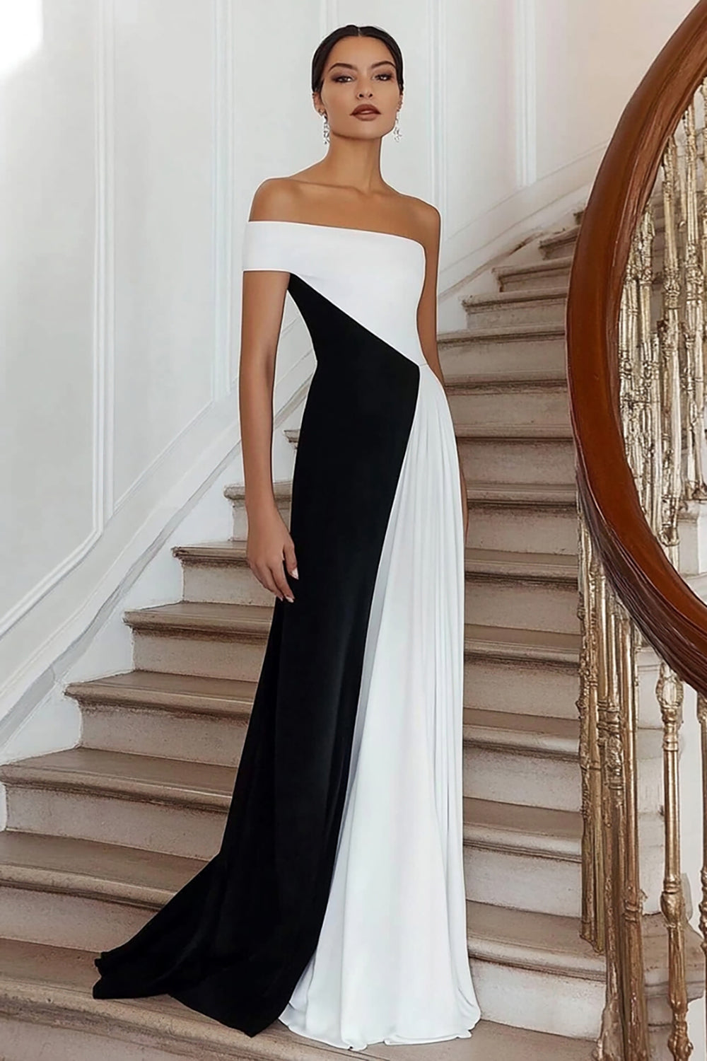 Black White One Shoulder A Line Satin Long Formal Dress