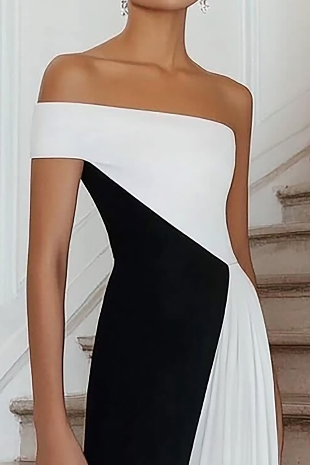 Black White One Shoulder A Line Satin Long Formal Dress