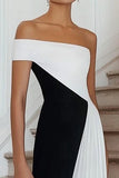 Black White One Shoulder A Line Satin Long Formal Dress