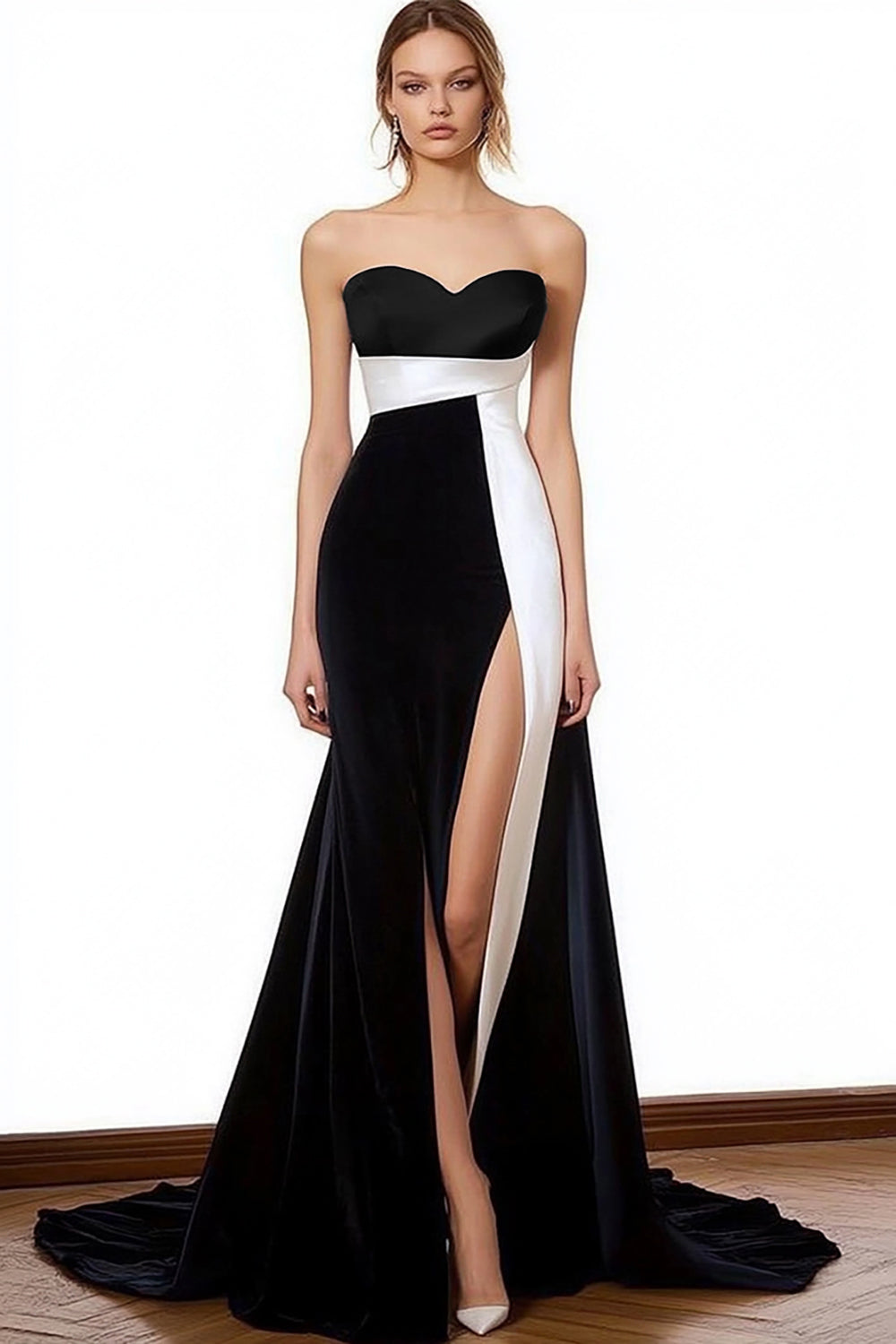 Black White Satin Sweetheart Mermaid Long Formal Dress with Slit