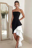 Black White Tiered Strapless Short Cocktail Dress with Ruffles