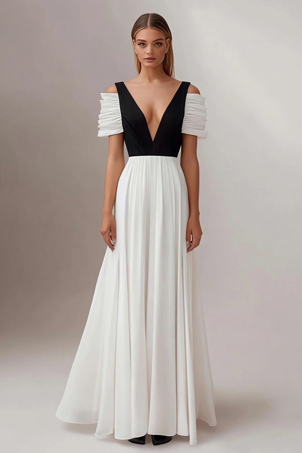 Black White A Line Deep V-Neck Pleated Long Formal Dress