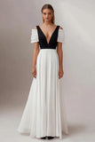 Black White A Line Deep V-Neck Pleated Long Formal Dress