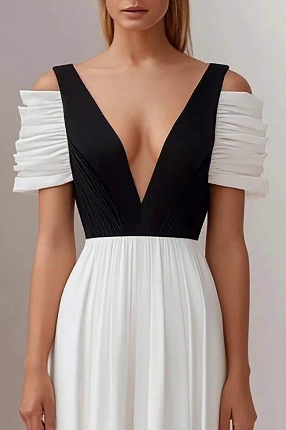 Black White A Line Deep V-Neck Pleated Long Formal Dress