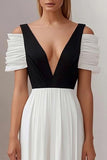 Black White A Line Deep V-Neck Pleated Long Formal Dress