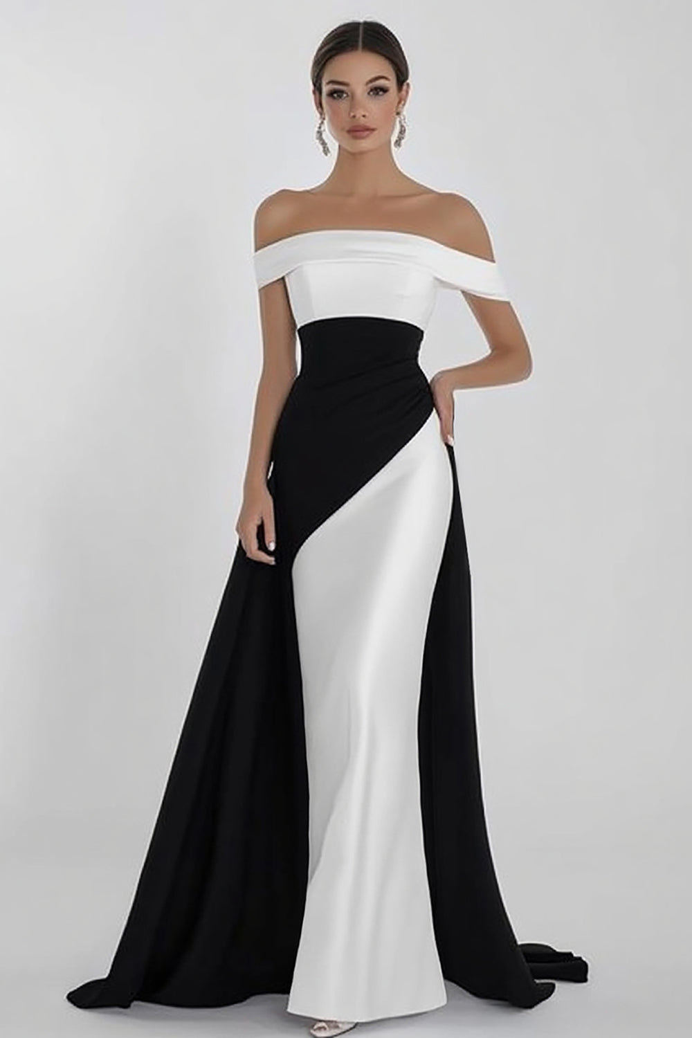 Black White Mermaid Off the Shoulder Long Satin Formal Dress